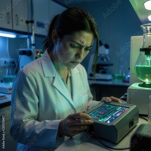 female scientist in white lab coat intently monitoring digital data on diagnostic analyzer screen in biotechnology laboratory