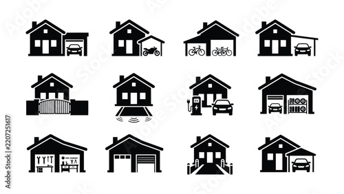 Collection of stylized house icons with various garage and storage features