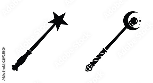 Obraz na plátně Two magic wands with star and crescent moon tops are shown in silhouette style w