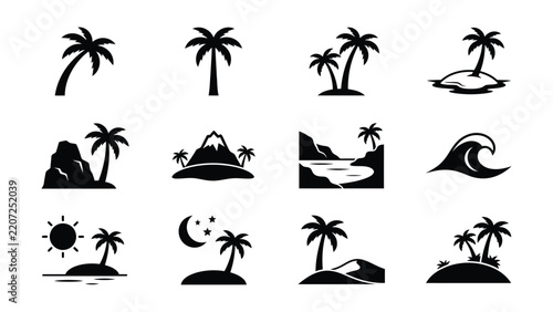 Black and white tropical vacation icons featuring palm trees and beach scenes