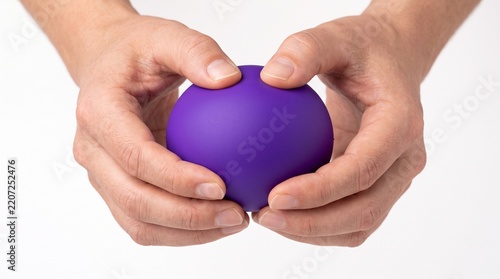 Hands squeezing a purple stress ball for relaxation and therapy  