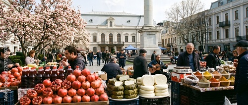 Outdoor Food Market in Tbilisi with Pomegranates, Cheese and Spices