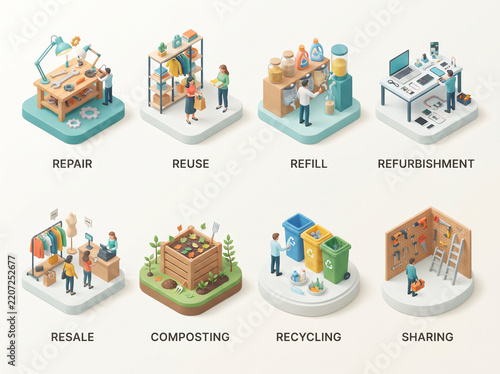 Isometric infographic of circular economy practices