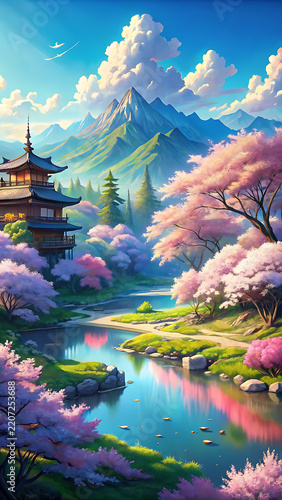A peaceful landscape featuring a traditional japanese pagoda, a calm river, and blooming cherry blossom trees beneath snow-capped mountains isolated on a transparent background