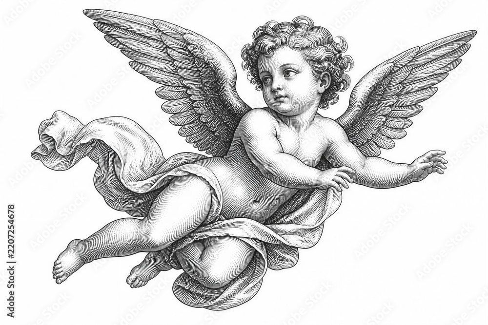 Obraz premium Cherub angel flying and reaching over cloud background