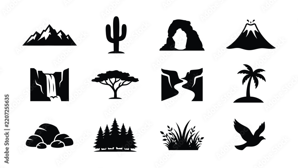 Fototapeta premium Black and White Minimalist Icons of Various Natural Landscape Elements