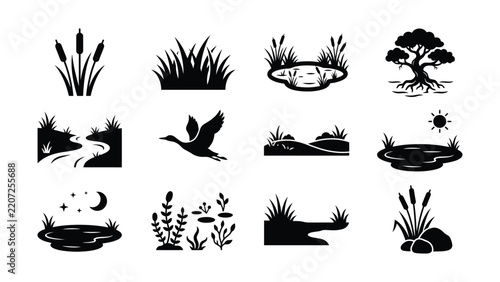 Black and White Nature Icons Showing Wetlands Wildlife and Scenery Elements