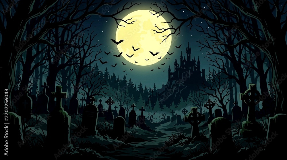 Fototapeta premium Bats flying over a spooky graveyard with a distant castle