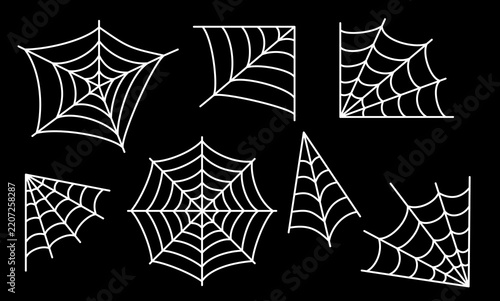 Simple spider web. White line spiderweb vector elements. Halloween spider net silhouette. Funky kid doodle cobweb for holiday party decoration. 