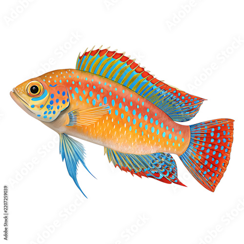 Colorful Tropical Jewel Cichlid Fish Illustration Isolated on White