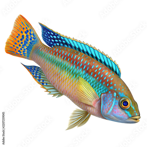 Colorful Tropical Cichlid Fish Isolated on White Background