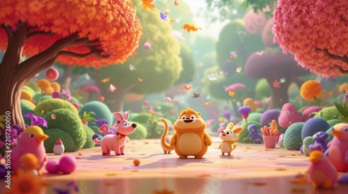 Cute cartoon squirrel and friends in a vibrant enchanted forest with soft golden sunlight and magical atmosphere