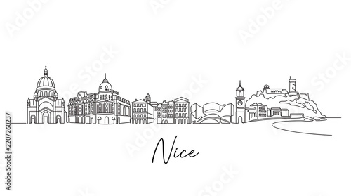 Elegant minimalistic cityscape line art illustration featuring diverse architectural landmarks of Nice