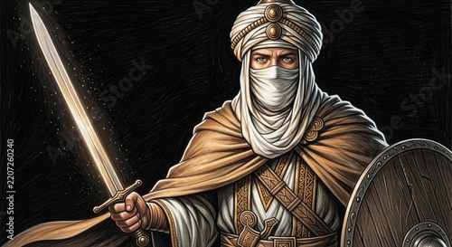 Middle Eastern desert warrior wearing traditional turban and face veil holding a shining steel sword and shield