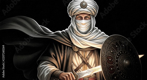 Middle Eastern desert warrior wearing white turban and headscarf holding sword and shield with dark dramatic cinematic lighting