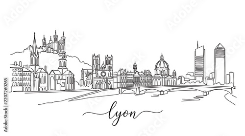 Elegant minimalist line drawing showcasing the historic and modern architecture of lyon cityscape with iconic landmarks and city