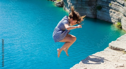 Young woman jumping into vibrant turquoise water from rocky cliff edge during bright sunny summer day outdoors