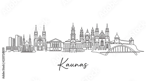 Minimalist Line Art Illustration Showcasing Kaunas City's Distinct Architectural Skyline with Landmarks and Cultural Elements