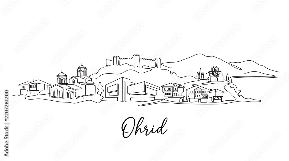 Fototapeta premium Minimalist line art representation of historic Ohrid townscape with hilltop fortress and architecture showcasing cultural heritage