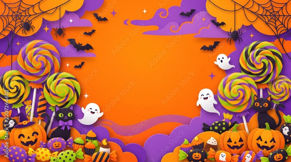 Obraz premium Cute Halloween Candy Background with Pumpkins, Lollipops, Ghosts and Black Cats