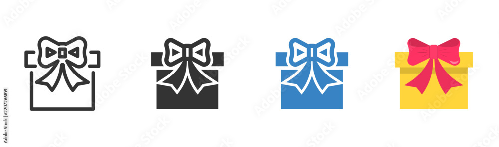 Obraz premium Gift box different style icons set. Package of surprises. An unexpected collection of gift boxes. Line, glyph and filled outline colorful version, outline and filled vector sign. Vector illustration.