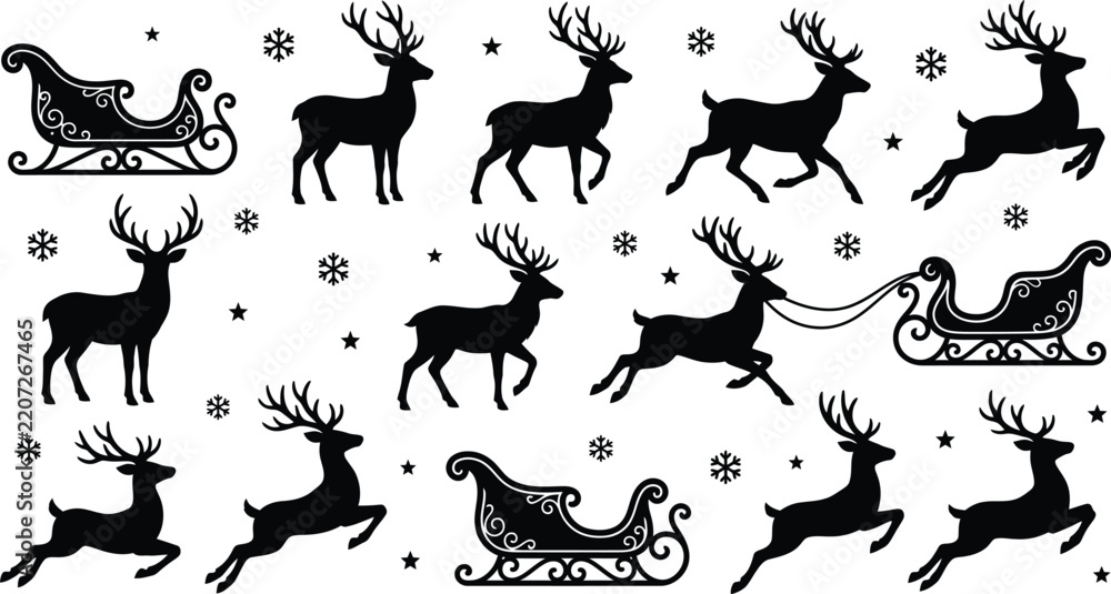 Obraz premium Christmas Reindeer And Santa Sleigh Silhouette Collection With Snowflakes
