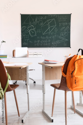 Education and remote learning, empty classroom with math formulas on chalkboa...
