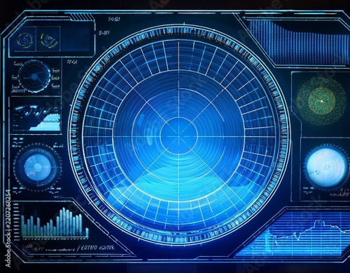 futuristic blue hud dashboard with circular radar data charts signal panels glowing grid and digital telemetry interface on dark background
