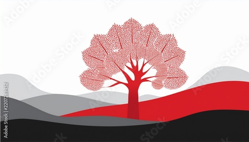 red tree in black and white landscape