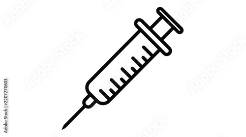 Medical syringe line art icon featuring sharp needle and plunger for healthcare or clinical design