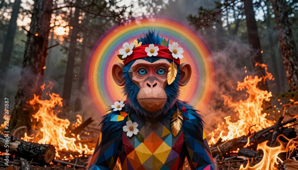 Obraz premium Digital Art of Blue Monkey with Rainbow Halo in Forest Fire Scene