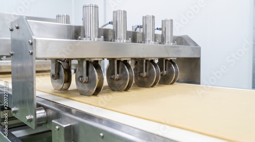 Industrial rollers flatten dough on a stainless steel conveyor. Automated bakery production equipment. Commercial food processing and pastry preparation. Bread and baking industry.