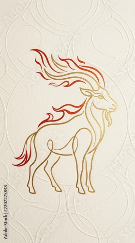 Minimalist line art illustration of a goat with fire mane in red and gold. Vertical luxury design