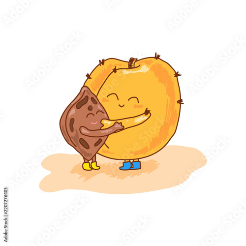 Cute hand drawn vector illustration of a peach and peach pit hugging each other. Adorable kawaii fruit characters showing love, friendship and affection on white background.