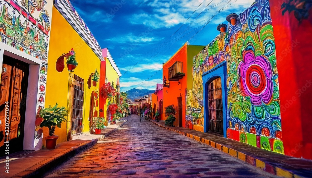 Obraz premium street in old town colorful painting atlixco puebla