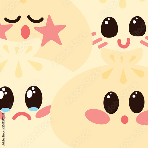 Cute hand drawn vector illustration of khinkali characters with different facial expressions and emotions. Kawaii dumpling food characters in soft pastel colors.