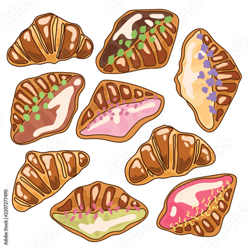 Hand drawn vector set of croissants and filled pastries with colorful cream, glaze, berries and decorative toppings. Cute bakery desserts isolated on white background.