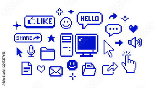 Retro pixel art computer and social media user interface icons set