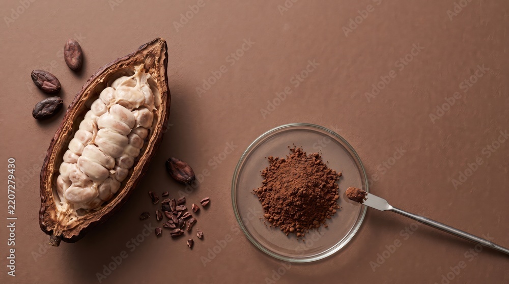 Obraz premium Fresh cocoa pod with beans and cocoa powder on a brown background. Essential ingredients for chocolate production, baking, and healthy food industry applications.