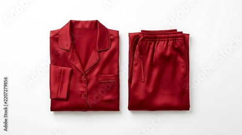 Crimson Silk Pajamas: A luxurious set of crimson silk pajamas, neatly folded, showcasing a classic button-down shirt and comfortable pajama bottoms, evoking comfort and elegance.