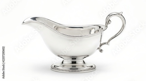 Silver Gravy Boat: An elegant silver gravy boat with a decorative rim and handle sits ready to serve, showcasing its polished surface and classic design.