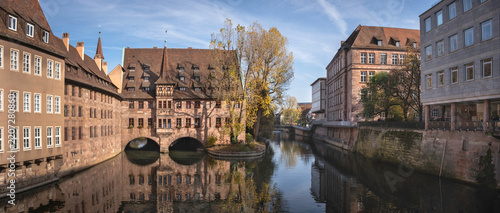 Panoramic view of Pegnitz river in old downtown of Nuremberg, Bavaria  