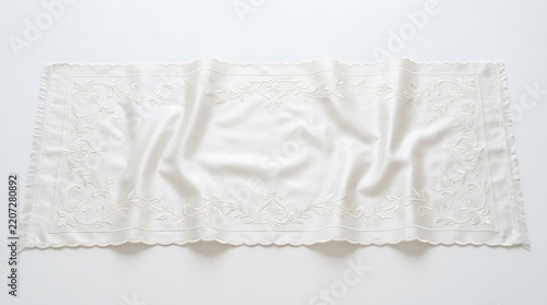 White Table Runner with Intricate Lace: A pristine white table runner, crafted from delicate fabric, is adorned with beautiful embroidered lace patterns along its edges and center.