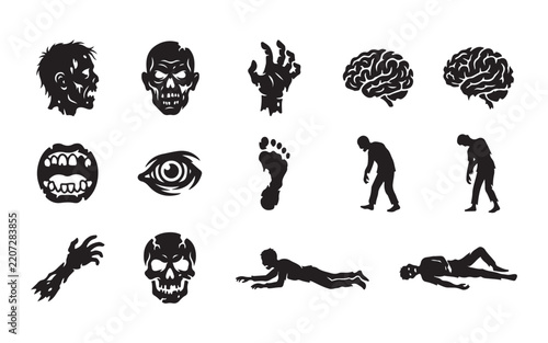 Black zombie horror vector silhouette set with brains and rotten limbs perfect for halloween designs.