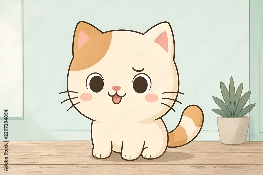 Fototapeta premium A Funny Cute Playful Happy Smiling Mascot Kawaii Cartoon White & Brown Orange Spotted Kitten Character Sitting in Front of Potted Plant in Minimalist Style. Art Sticker Drawing Illustration Sweet Meow