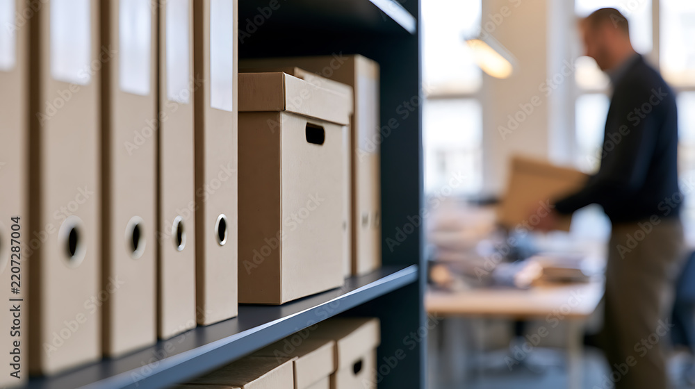 Obraz premium A business professional organize office archive storage room shelf with cardboard boxes and paper files in a corporate workspace environment background