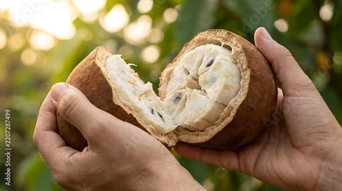 Close up of hands holding a freshly opened cupuacu fruit revealing its creamy white pulp and dark seeds in the Amazon rainforest