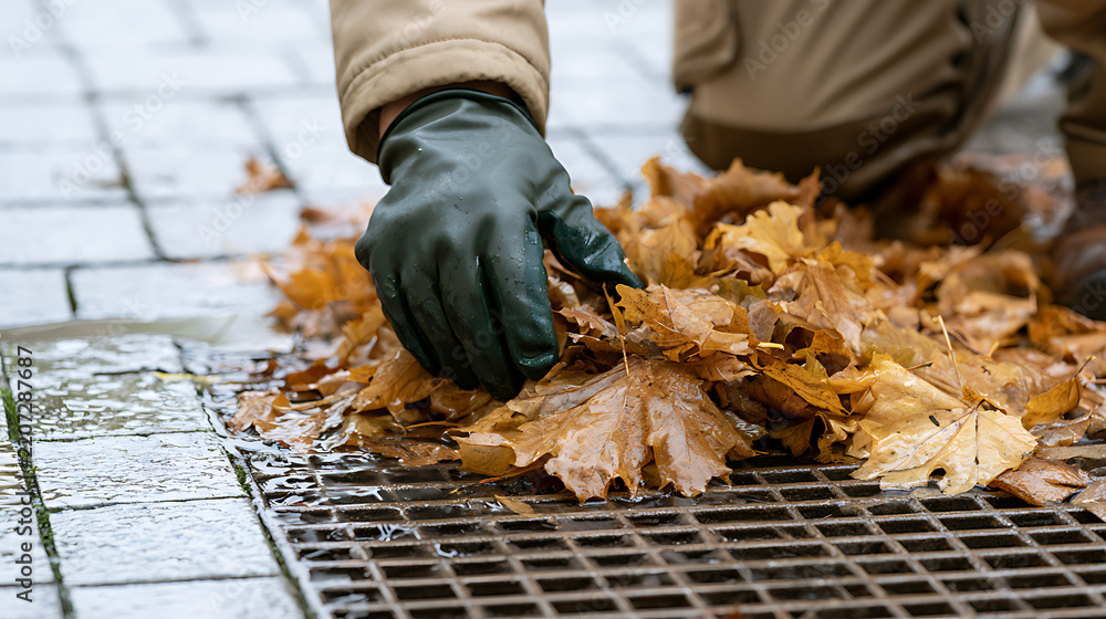 Obraz premium Worker hand in rubber glove clear wet autumn maple leaves or Acer palmatum from storm drain grate on sidewalk to prevent urban flood