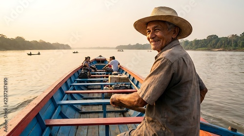 Smiling Amazonian boatman navigates river at sunset with passengers in traditional wooden canoe