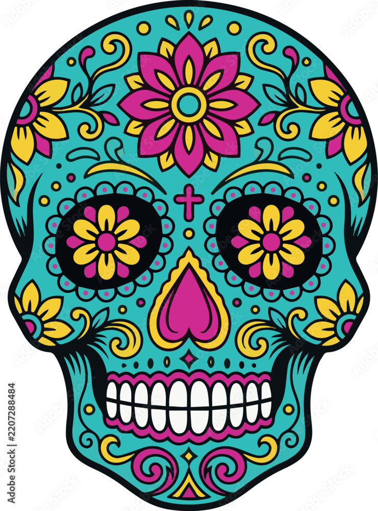 Fototapeta premium Vibrant turquoise Mexican sugar skull illustration with floral ornaments and cross. Traditional Calavera vector artwork for Dia de los Muertos, festival, Halloween and tattoo, isolated on background.